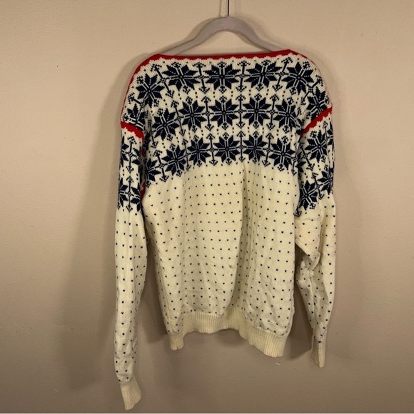 VINTAGE RARE STOWE WOOLENS NORDIC WOOL IVORY RED HOLIDAY SWEATER FAUR ISLE - Picture 2 of 14